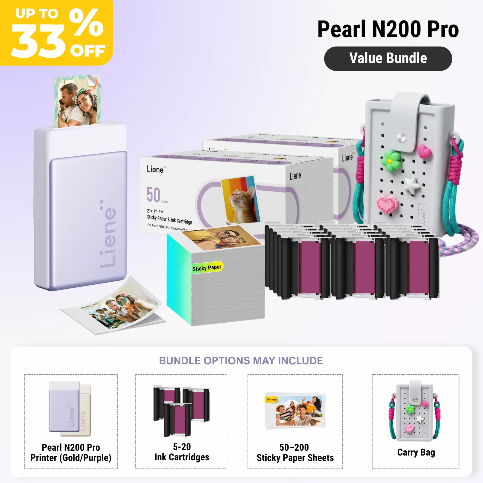 Liene Pearl N200 Pro Lightweight Portable AI-Enhanced Wireless Sticker Thermal Printer Bundle, 2x3 In Adhesive Paper & Ink Cartridges, Bluetooth Thermal Dye Sublimation Printer, CCD Camera, Back to School Haul Gift Idea, stockup