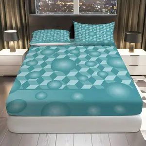 3Pcs Geometric 3D Spheres Fitted Sheet Three Piece Set (1*Fitted Sheet+2*Pillowcases, Coreless), Modern theme, Blue Abstract Bedding Set, Mattress Protector Soft, Breathable