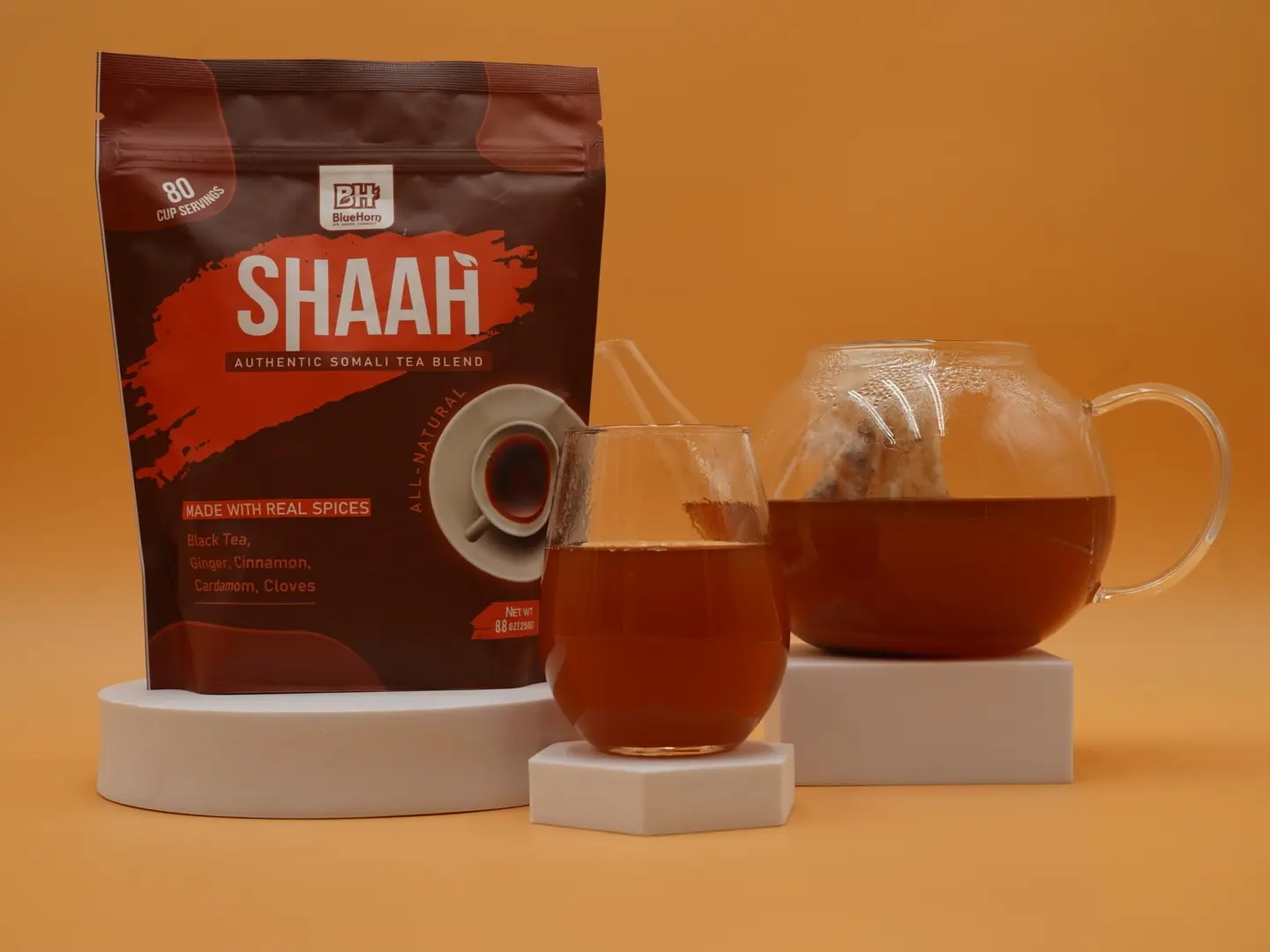 BlueHorn Shaah Somali Tea, Loose-Leaf, 8.8 oz (250g), Caffeinated, Traditional, Natural, Organic Cardamom, Ginger,  - Beverage Herbal Wellness Tea Morning Tea