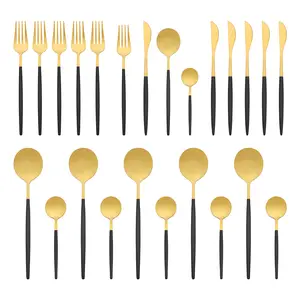 REGALWOVEN 24 Piece Silverware Set, Stainless Steel Serving Utensils Set for Kitchen Eating Tableware, Mirror Polished Cutlery Set 24 PCS Black/Gold