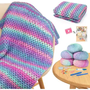 Blanket Crochet Kit for Beginners, Super Easy Crochet Blanket Kit with Soft & Colorful Gradient Yarns Detailed Video Tutorials Crocheting Accessories, Aurora Purple Gradient & Ideal Gift