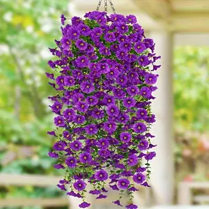 4 Pcs Hanging Morning Glory Artificial Flowers, Decorative Faux Flower, Purple Yellow Faux Floral, UV Fade Resistant All Weather Greenery, Maintenance-Free Indoor Outdoor Decor for Porch, Garden, Patio, Yard, Wedding, Plastic