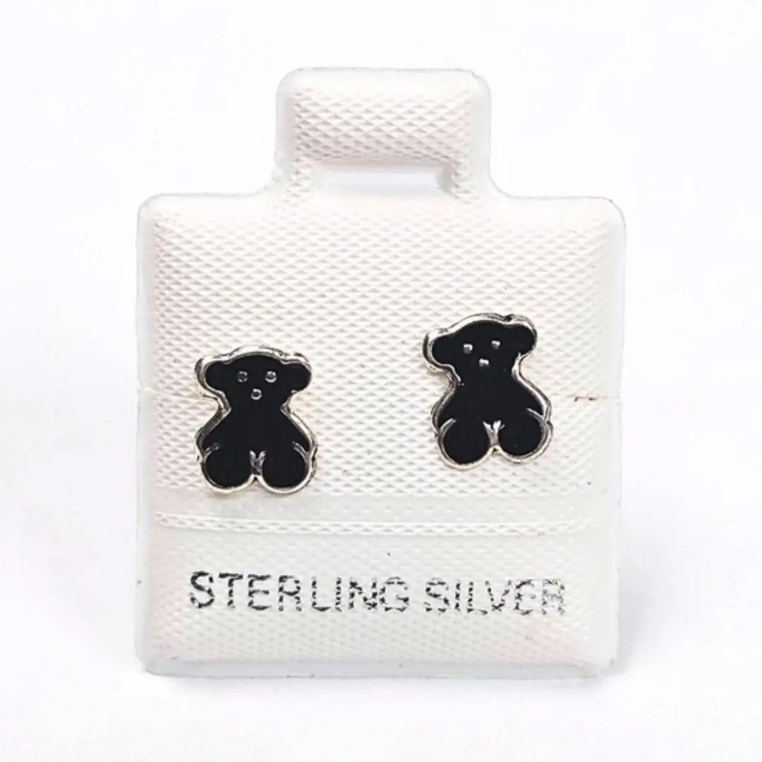 Cute Bear Black Enamel Silver Stud Earrings (8mm) - 925 Sterling Silver