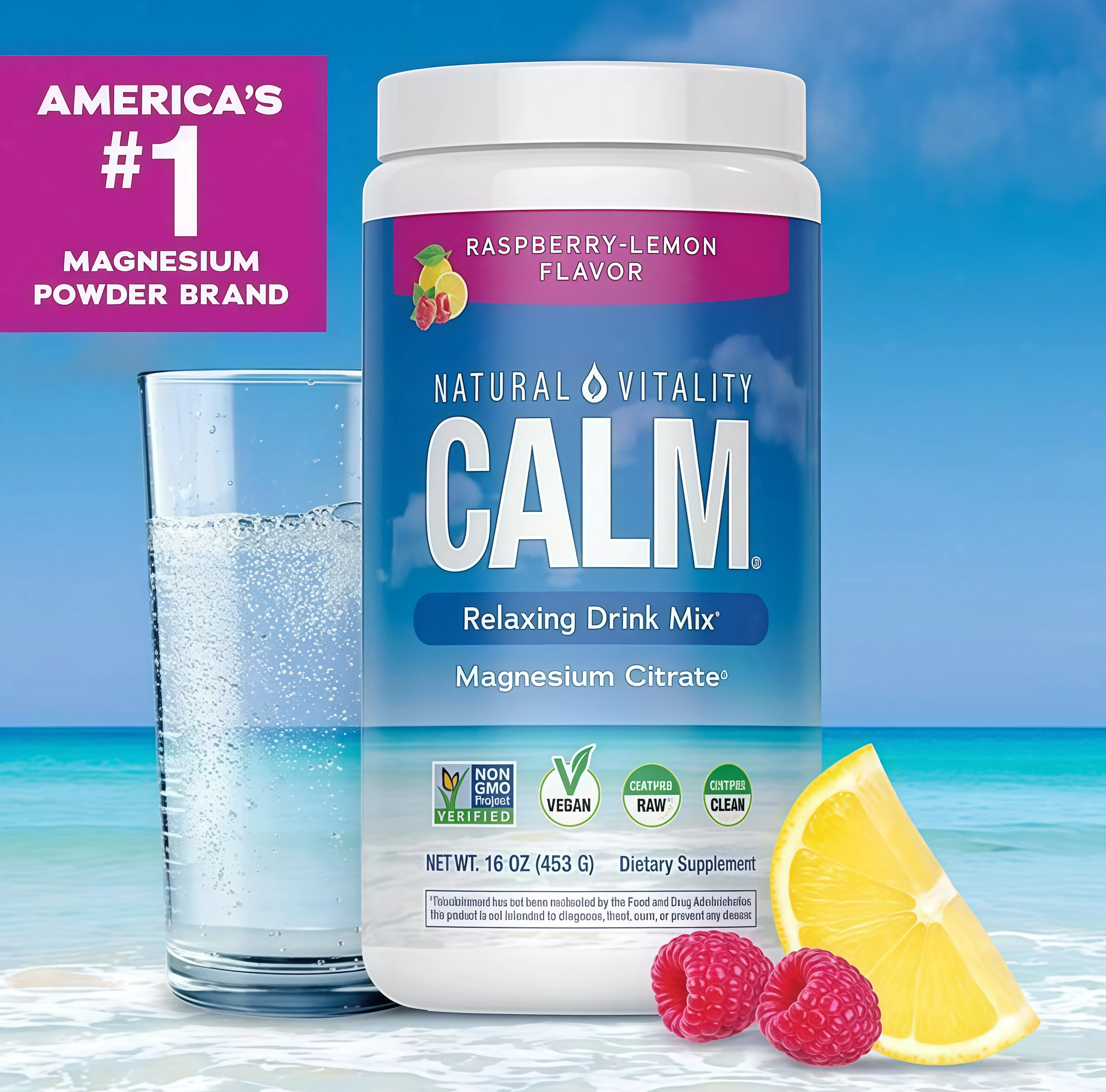 MaxCalm Relaxing Drink Mix HG- Anti Stress Drink Mix - With Ionic Magnesium Citrate + Glycinate - Raspberry Lemon Flavor - 16 oz (453 g) - 113 Servings