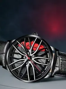 A men's black leather strap with a red face, car wheels, brake discs, student sports calipers, high-end waterproof quartz watch