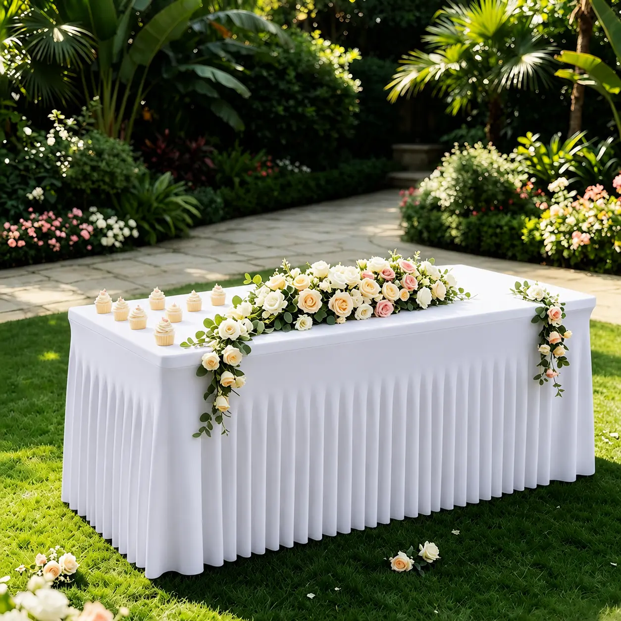 Spandex Table Skirt - 1 Pack Fitted Stretch Tablecloth for 6 Ft Rectangular Tables, Wrinkle Resistant, Ruffle Design for Wedding Banquets, Baby Showers