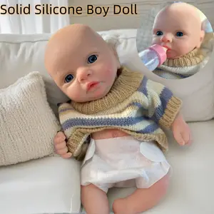 10 Inch Open Eyes Full Body Solid Silicone Reborn Boy With 3D Painted Skin Cuddly Sweater Outfits Washable Soft Touch Feelings Newborn Boy Doll Ideal Gift For Children