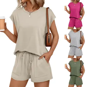 Women's 2-Piece Crew Neck Cap Sleeve Drawstring Summer Sports Sweatsuit with Pocket, Outdoor Activewear Set