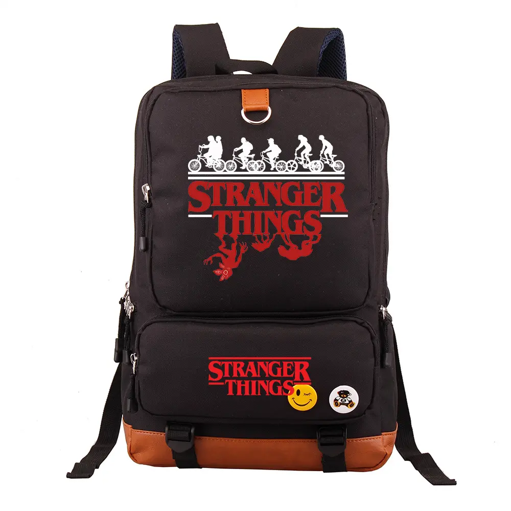 Stranger Things Printed Backpack - Vintage Faux-Leather Trim, Large-Capacity Daypack for School, Travel Commute, Casual Laptop Carry