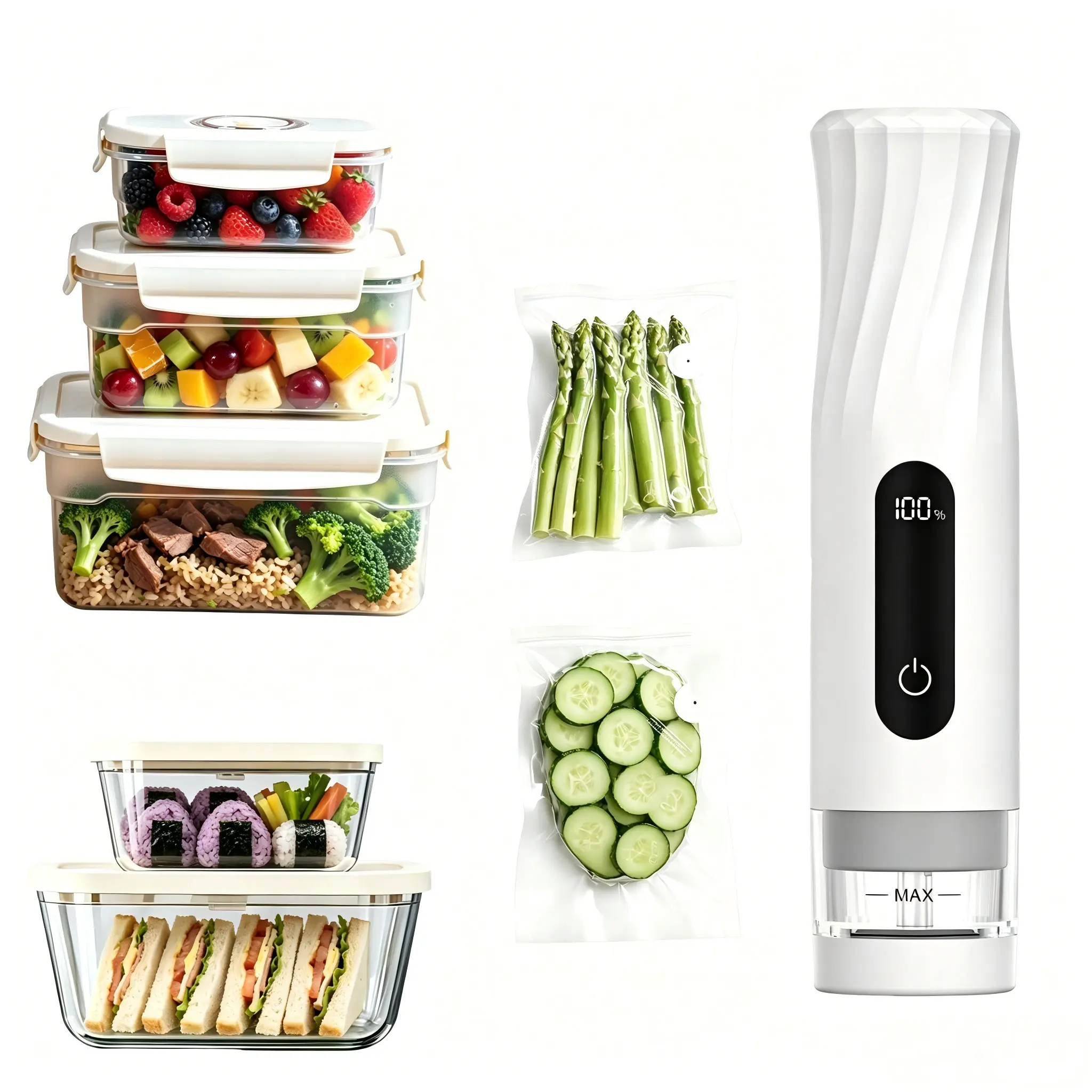 FoYanTun Handheld Vacuum Sealer Kit, 6X Longer Food Freshness, Reduce Food Waste & Save Money, Visual Water Tank, Portable Food Saver with Vacuum Containers & Reusable Bags, Multiple Bundles for Meal Prep, Kitchen & Travel