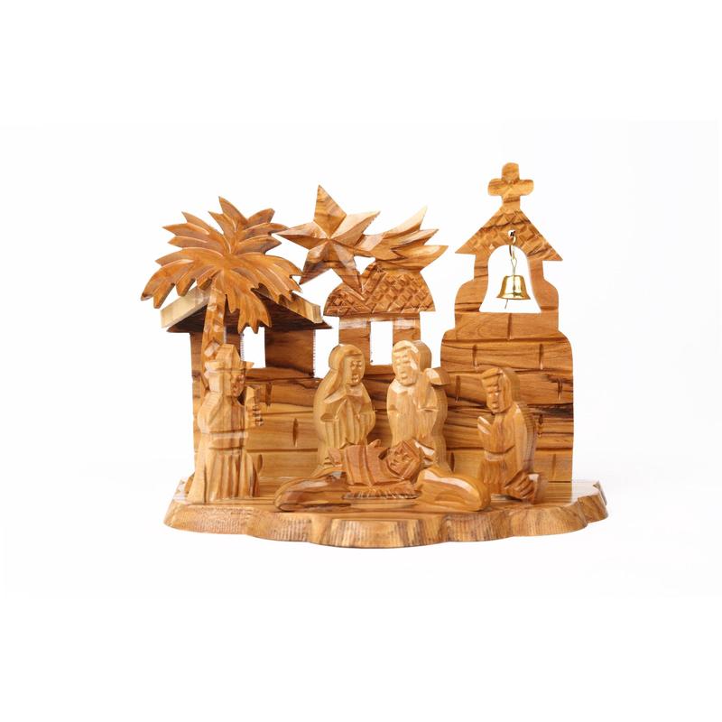 Olive Wood Nativity Scene Grotto and Church Decor Religious Handcrafted by Bethlehem Artisans 13x11CM Ornaments Wooden