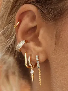 5Pcs Exquisite 24K Gold Plated Cubic Zirconia Smooth Hoop Earrings Set For Women Zircon Chain Stud Earrings Pack Drop Dangle Earrings Stack