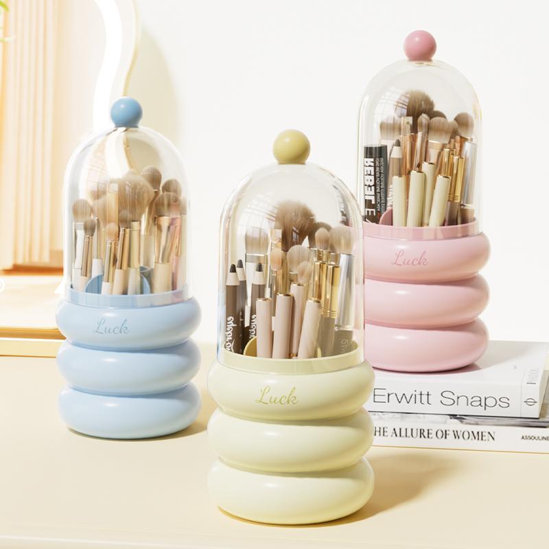 360° Rotating Makeup Organizer with Clear Dustproof Lid – Rabbit Ear Design, Multi-Layer Storage for Brushes, Lipsticks, and Skincare, Polished Finish, Countertop Vanity Organizer