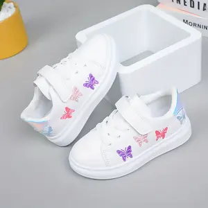 NewKids' Casual Sports Sneakers with Colorful Butterfly Design - White, Comfortable Low-Top Shoes for Girls, Elastic Strap Closure, All-Season Wear