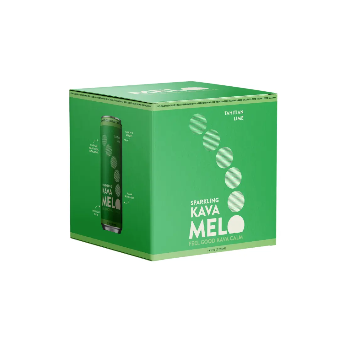 Melo 4-Pack Sparkling Kava Beverage - Tahitian Lime Flavor - Sugar-Free, Non-Alcoholic, 0-Calorie, Gluten-Free, Vegan Mocktail - 1000mg Kava Root Extract Blend per 12 oz Can - 100% Natural