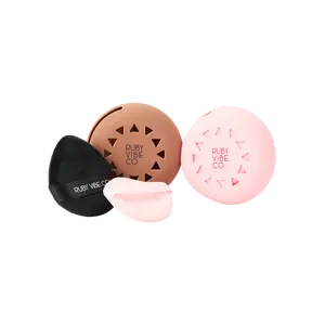[RUBY VIBE CO] Ruby’s Duo Puffs & Case Combo - Black Triangle Powder Puff, Pink Air Puff, Brown Silicone Case for Smooth Makeup Application