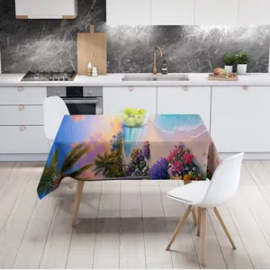 Tropical Sunset Beach Tablecloth, Easy Clean Polyester Fabric, Coconut Tree Flower Patchwork, Ideal for Kitchen, Restaurant, Party, Wedding