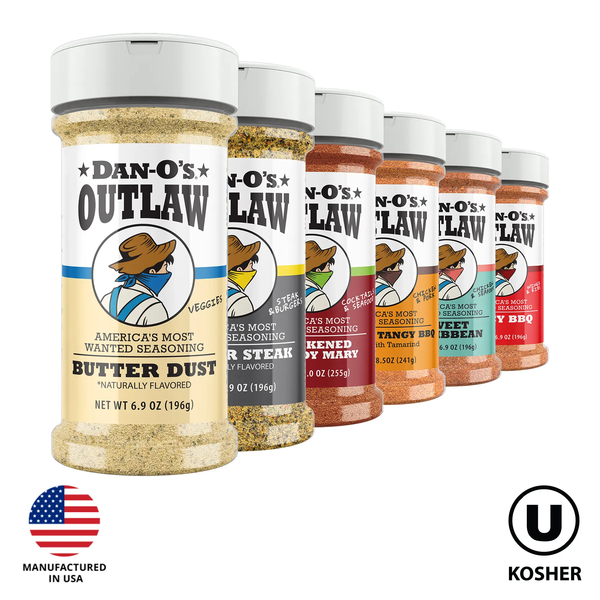 Dan-O's Outlaw 6 Bottle Combo - Butter Dust, Butter Steak, Blackened Bloody Mary, Sweet & Tangy BBQ, Sweet Caribbean, and Spicy BBQ - America's Most W