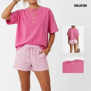 Holafish Acid Washed Women's T-Shirt Half Short Sleeves Casual Loose Fit, Cotton Tee with Crew Neck, Machine Washable, Streetwear Basic Tops