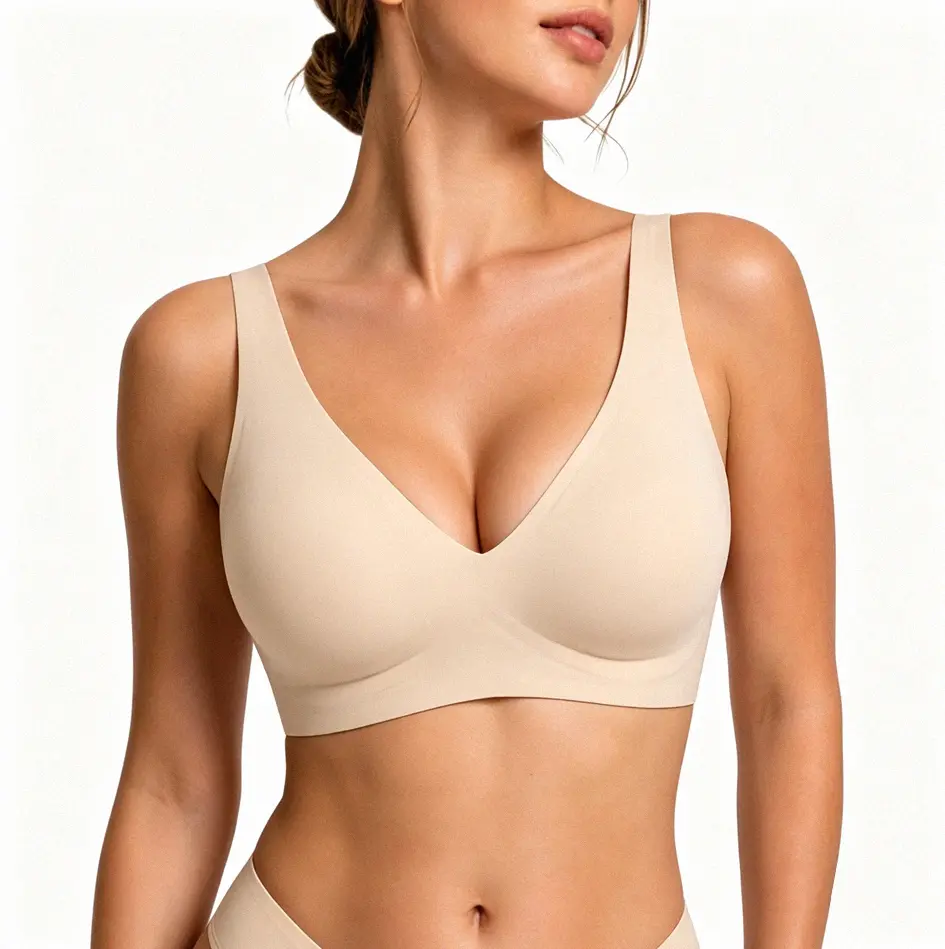 Ausppli Jelly Wireless Womens Comfortable Wireless Bras Push Up Bralettes Seamless Tshirts Bras Deep V Everyday Bras