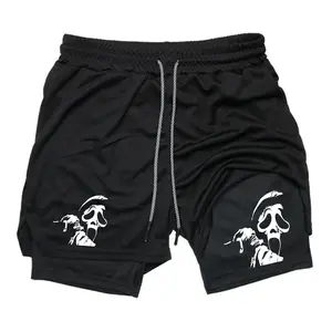 Scream Ghostface Horror Killer Men's 2-in-1 Double Layer Drawstring Gym Shorts, Stretchy Quick Dry Athletic Training Shorts with Liner