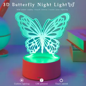 1pc 3D Butterfly Night Light, Decorative Atmosphere Lamp, USB Powered, Touch Switch, Seven Color Effects, Home Office Party Decoration Gift