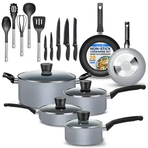 20-Piece Cookware Set - Gray | Nonstick Pots & Pans with Lids, Spoon, Spatula & Knife Set - Heat Resistant Utensils Set - Food Grade Safe & Dishwasher Safe - Daily Use Cookware Accessory