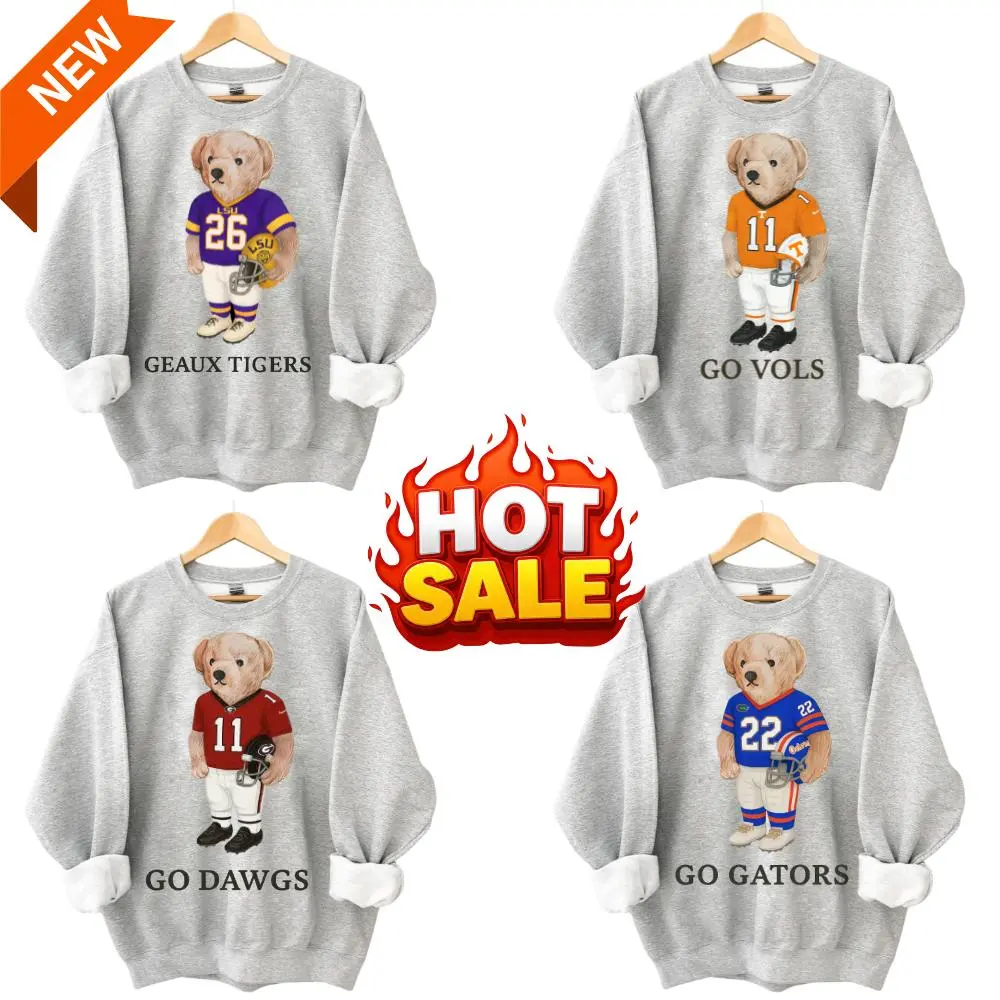 All Team College Football Teddy Bear Graphic Sweatshirt Pullover, ASH GREY Vintage Sport Varsity Crewneck, Shirt for Fan, Pride of The Team, Shirt for Men and Women NCAA Customs T-Shirt, Customize Your College Gift