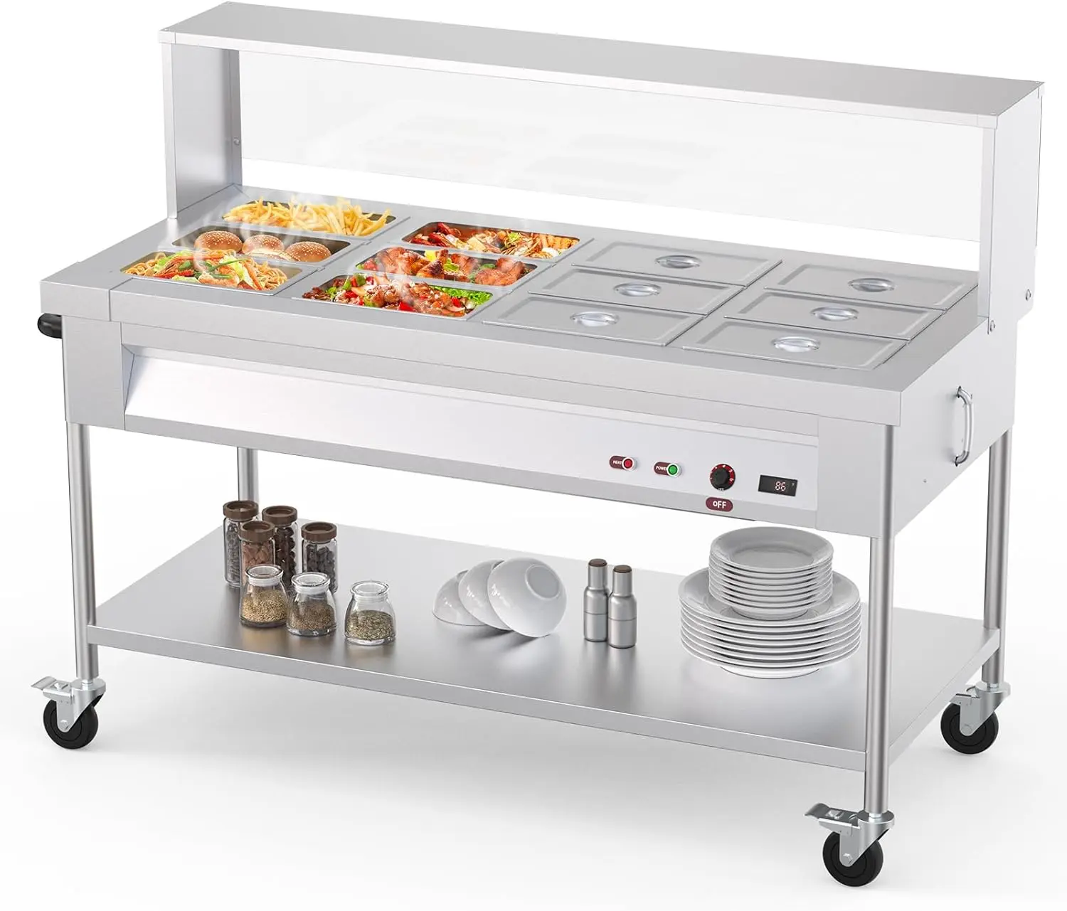 GAOMON 96 QT Commercial Food Warmer 12x8 QT Electric Steam Table 12-Pans with Acrylic Shield Stainless Steel Bain Marie Countertop with Lockable Wheels for Restaurants Buffets Party 1500W, 110V