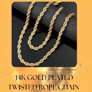 14K Gold Plated Rope Torch Twisted Necklace For Women and Men 4mm/8mm - 18"/24" - High Fashion Hip-Hop Tarnish-Free - Torch Chain Necklace