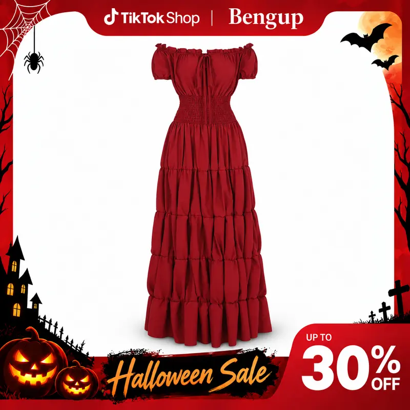 Women's Retro Renaissance Medieval Irish Smocked Waist Short-Sleeve Stretchy Soft Lady Garment - Spandex, Pleated, Flared Slip Under Dress, Everyday-Casual, Gothic Halloween Costume, Party Outfit (6531-D1) with Cute Accessories,sohochic