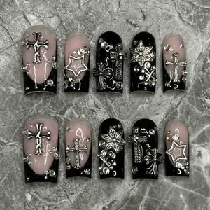 Handmade Y2K Grunge Press On Nails | Silver Cross, Star, French Tip | Medium Square For Emo Baddie Vibes