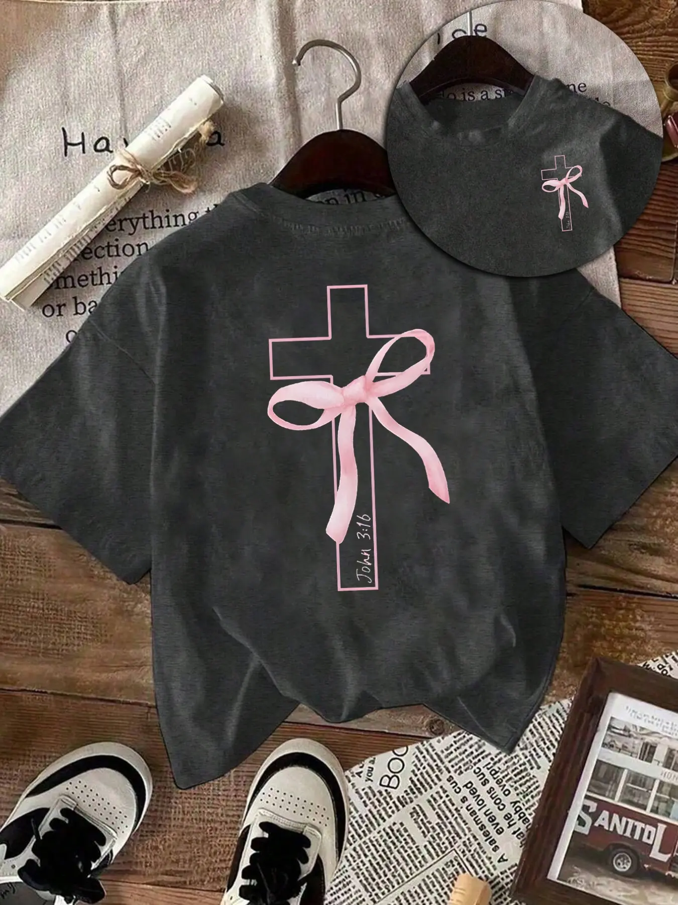 Dark Grey Washed "Cross Bow John 3:16" Oversized Casual Graphic Tee - 2026 Trending Christian Faith Sweet Outfit, Soft Cotton Perfect for Church & Daily Looks, Casual Style Tee