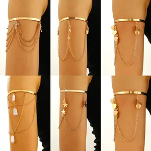 Layered Chain Arm Cuff with Baroque Style Charms, Silver Tone Multi-Chain Upper Arm Bracelet, Statement Body Jewelry for Boho & Edgy Styling