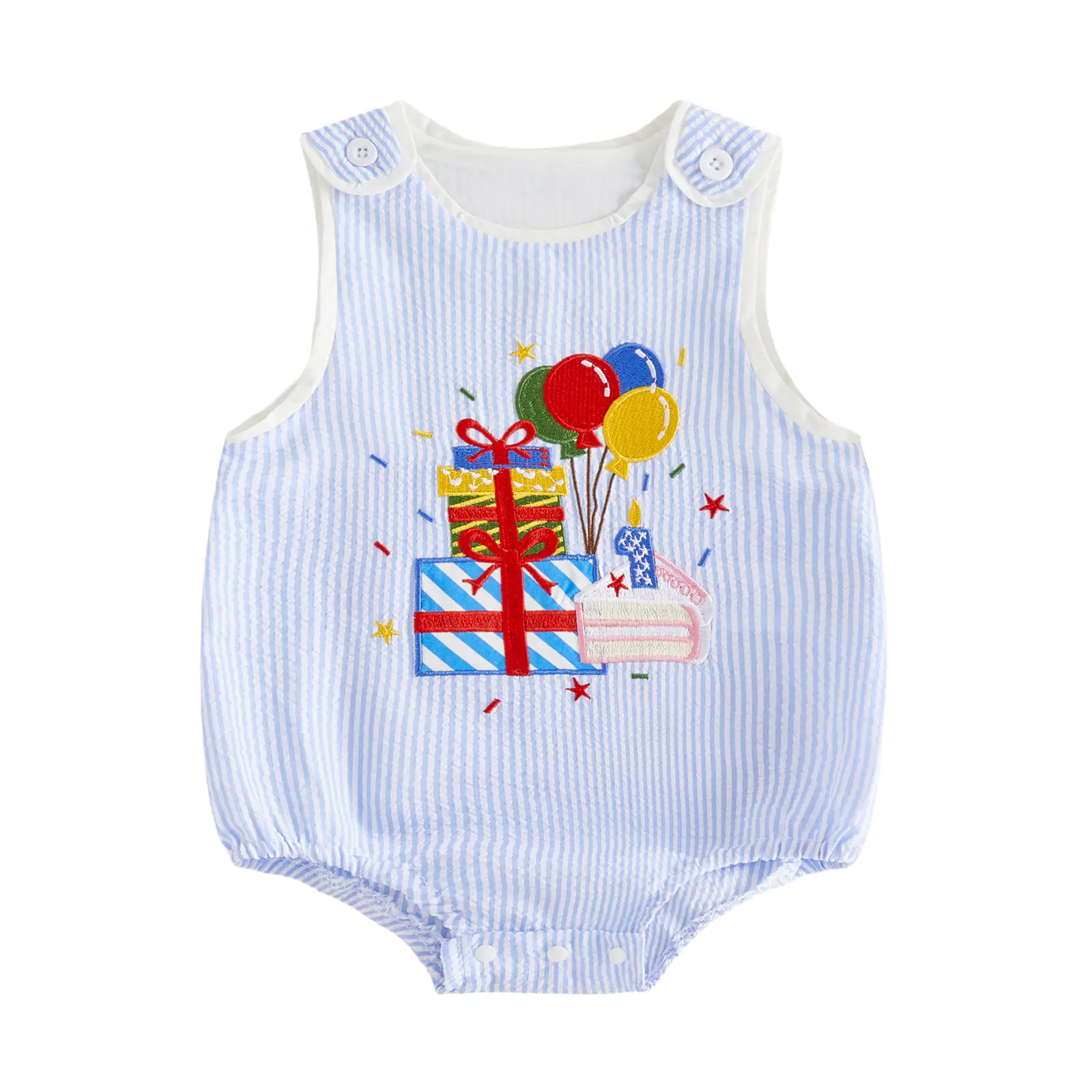 Infant Baby Boy First Birthday Romper Casual Striped Present Cake Balloon Embroidered Sleeveless Jumpsuit