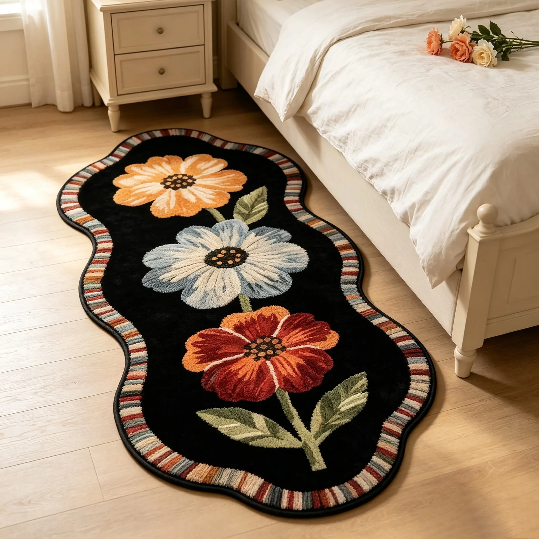 Vintage Floral Shaped Rug, Flower Shaped Rug, Soft Comfortable Bedside Mat, Hand Wash Only, Boho Washable Rug, Decorative Rugs, Ideal for Living Room Bedroom Decor, Casual Style