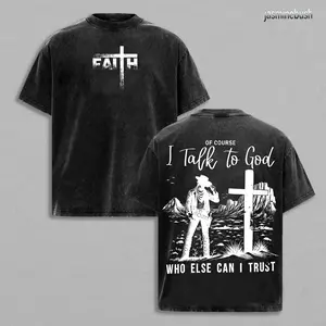 I Talk to God T Shirt Christian Cowboy Vintage Washed Oversized Faith Graphic Tee Cross Western Streetwear Heavy Cotton Religious Inspiration Shirt for Men Women Jesus Apparel