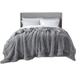 Grey Blankets Queen Size for Bed, Fluffy Fuzzy Blankets for Full Queen Bed, Plush Sherpa Fleece Faux Fur for Winter, Thick Warm Gifts for Women, Men, 90x90