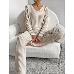 Vibrant Polyester Knit Pants Set - V-Neck Long Sleeve Top, Pocket Straight Leg Pants, Elegant Outfit for Spring/Fall - Machine Washable, Mid Elasticity, No Printing, Solid Color,fall outfits 2024