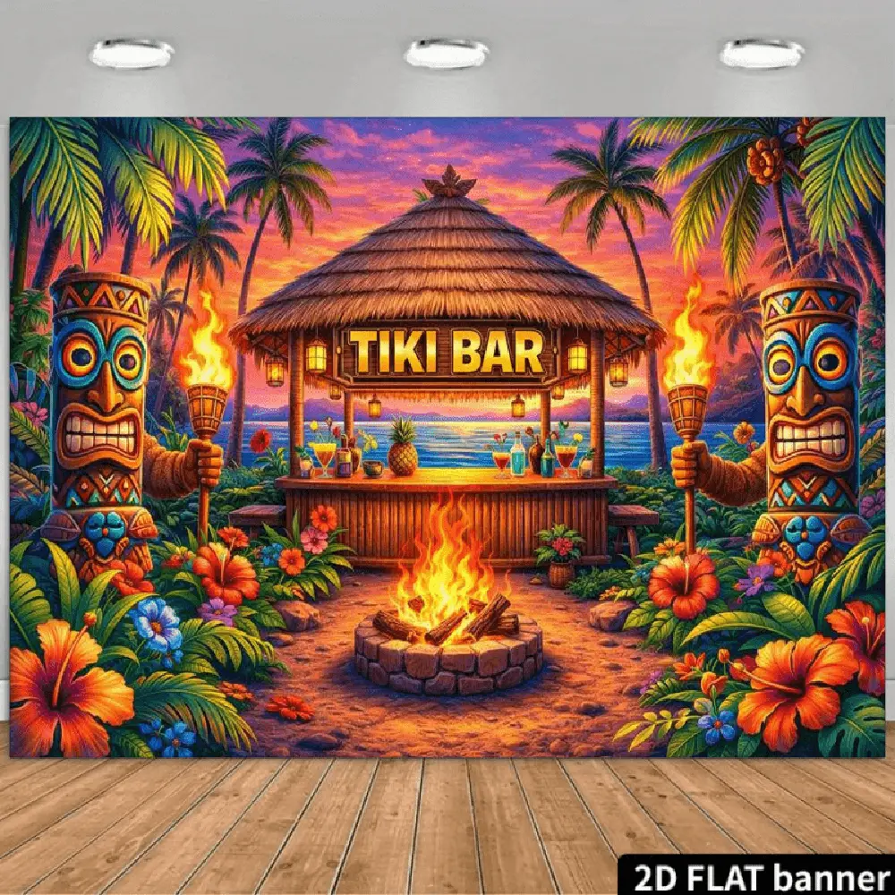 2D Flat Polyester Decor Banner Photography Backdrop - Tiki Bar Tropical Sunset Beach Hawaiian Luau Theme, HD Print, Soft Lightweight Foldable Cloth for Studio Shoots, All Seasons Home & Festive Party Use