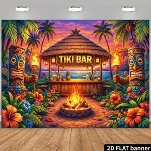 2D Flat Banner Polyester Photography Backdrop, Tiki Bar Tropical Sunset Beach Hawaiian Luau Party Theme, HD Digitally Printed Soft Lightweight Foldable Background Cloth for Studio Shooting, Video, Product Photography, Portraits, E