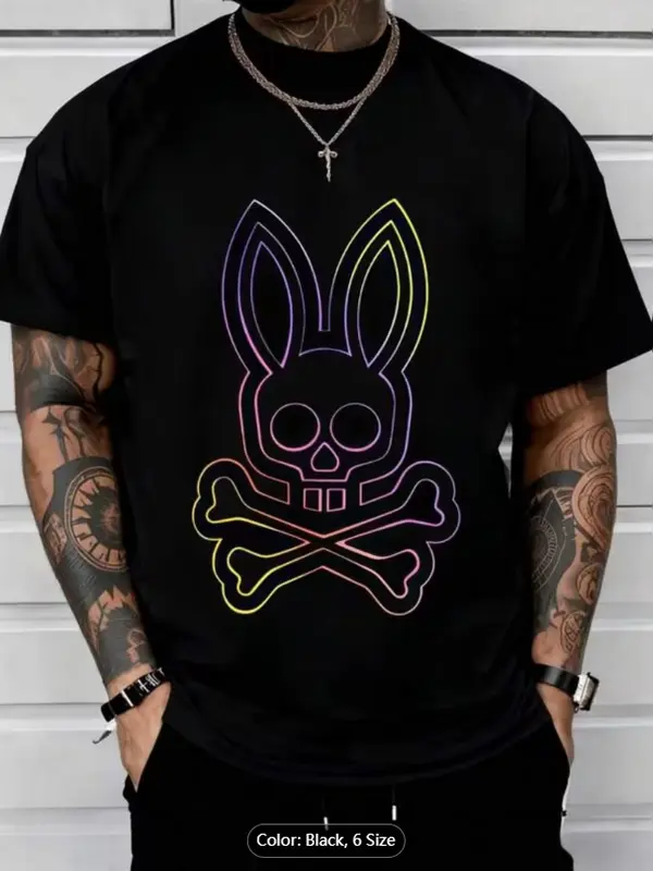 Men's Black Short Sleeve T shirt with Neon Bunny Bone Print, Cotton Casual Crew Neck Regular Fit, Soft and Breathable, Suitable for All Seasons, Daily Commute & Casual Wear, Great for Matching, Perfect for Holiday Gifts for Friends