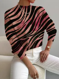 Women's Zebra Print Knit Sweater, Casual Colorblock Design, Spring Fall Winter Wear, Elegant Commute & Holiday Style