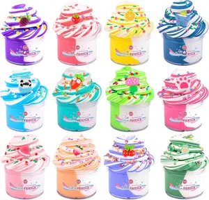 Summer Spring Gift Dual Colored Butter Slime Kit 12 Pack, Scented, Stretchy, Non-Sticky, Premade Slime with Peach, Strawberry, Avocado Charms, Perect Birthday Gifts Party Favors Stress Relieft Toy