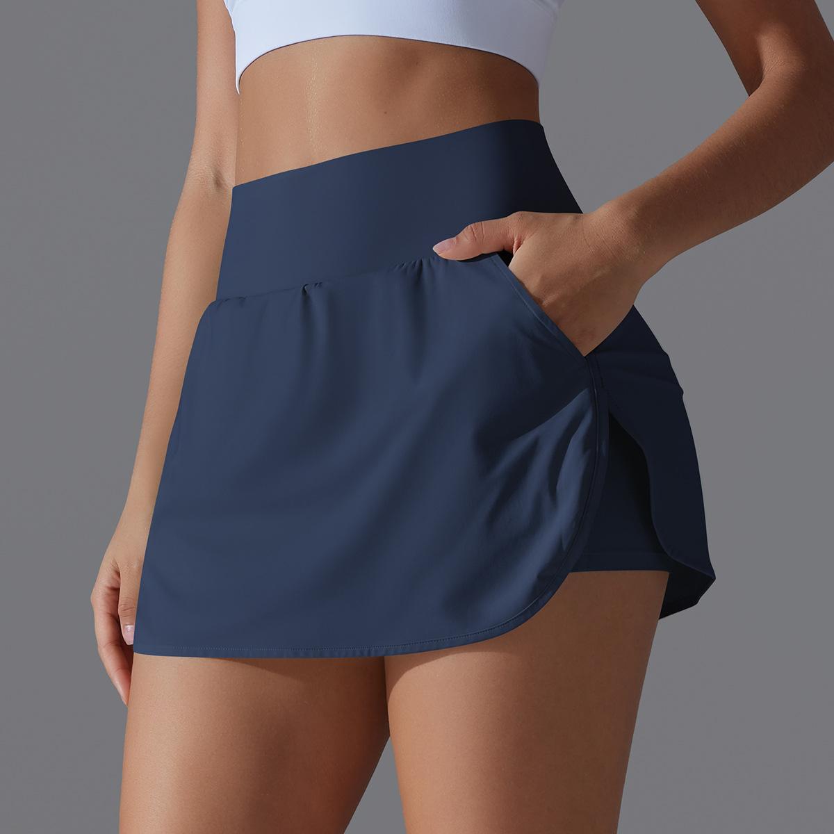 Women's High Waisted Active Performance Skort - Solid Color Navy Blue Tennis Skort with Pockets, Built-in Shorts for Gym Workouts, Running - Multi-Size Sporty Short Skirt