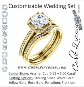 CZ Wedding Set, featuring The Letitia engagement ring (Customizable Cathedral-set Asscher Cut Halo Style with Pavé Band)