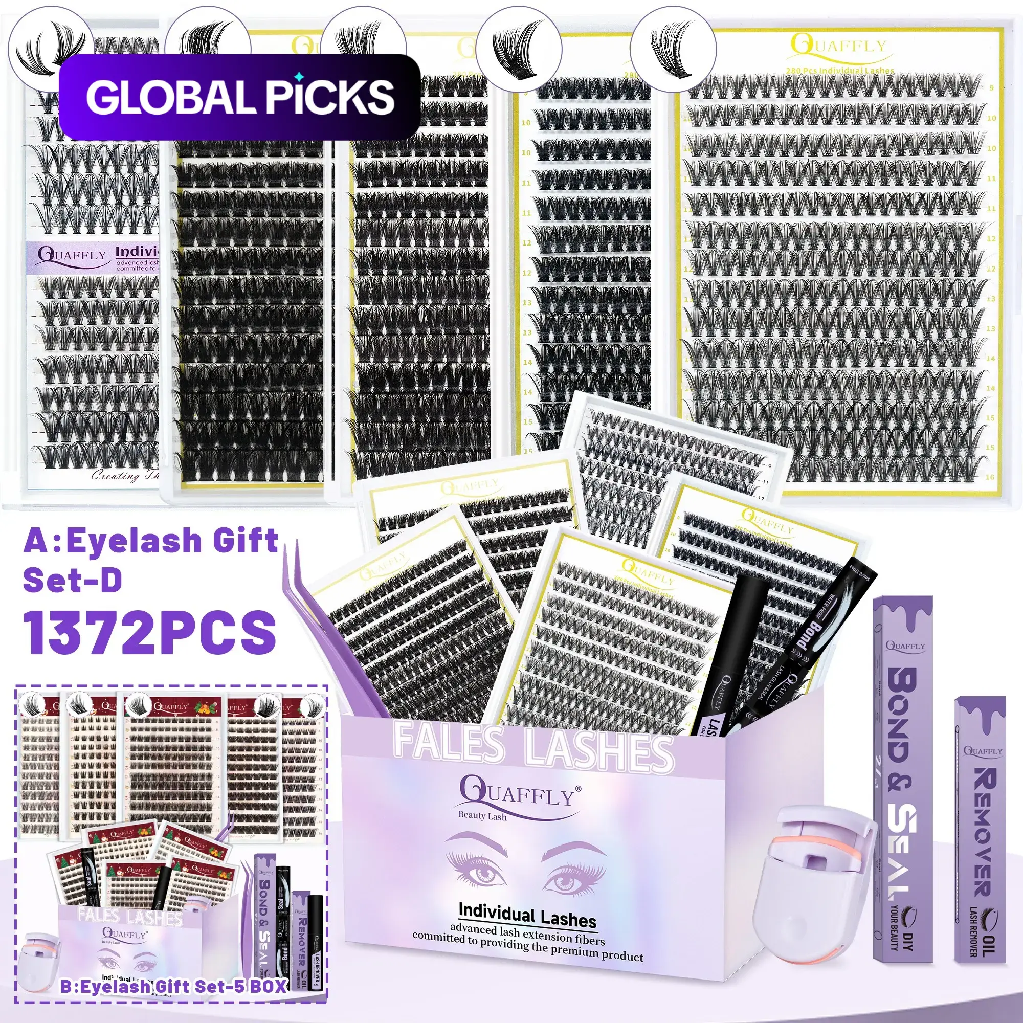 Mixed-Length DIY Lash Clusters Kit, Individual Cluster Lash, Natural-Look False Eyelash Extensions with Bond & Seal, Remover, Tweezers & Eyelash Curler #GLOBAL PICKS