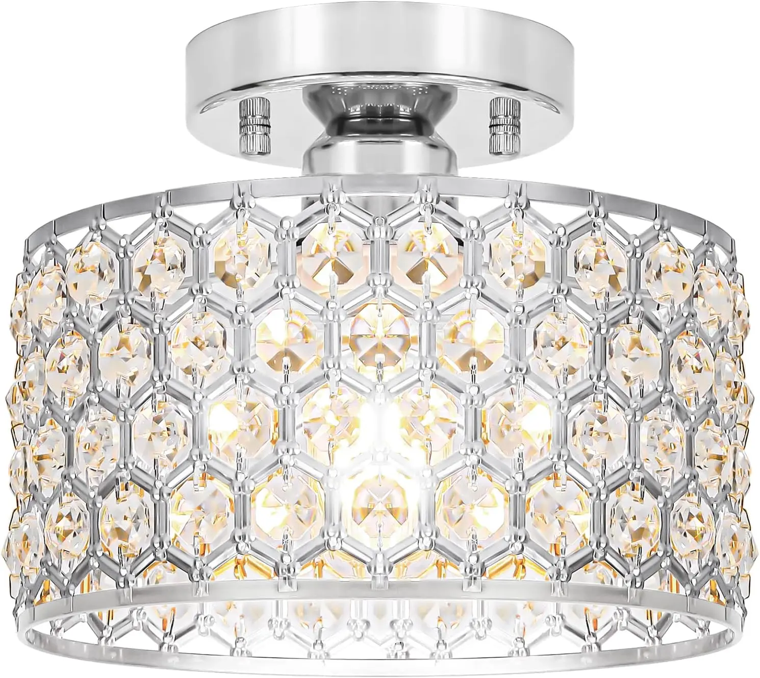 Lxybcce Chrome Metal Semi-Flush Mount Chandelier Light - Contemporary 1-Light, 9-in Hand-Cut Glass Prism Fixture with Easy Installation for Hallway, Kitchen, Brightens Rooms