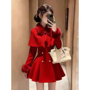 Fashion Winter Design Slim Dress Suit Women Warm Elegant Korean Chic Fur Collar Cape + Vintage Solid  Long Sleeve Dresses Outfit