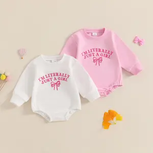 Newborn Baby Girl Outfit I'm Literally Just A Girl Bow Embroidery Sweatshirt Bubble Romper Cute Long Sleeve Bodysuit